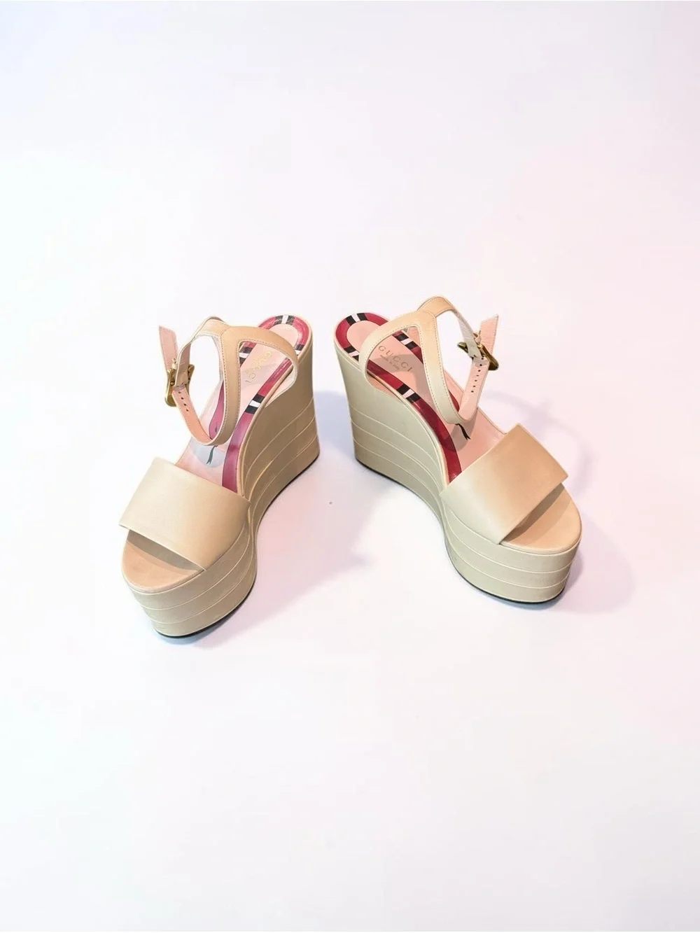 Gucci Cream Platform Ankle-Strap Wedge Sandals